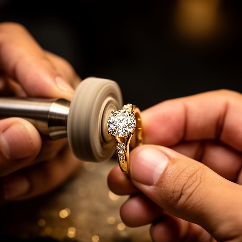 Master polisher polishing a gold and diamond ring
